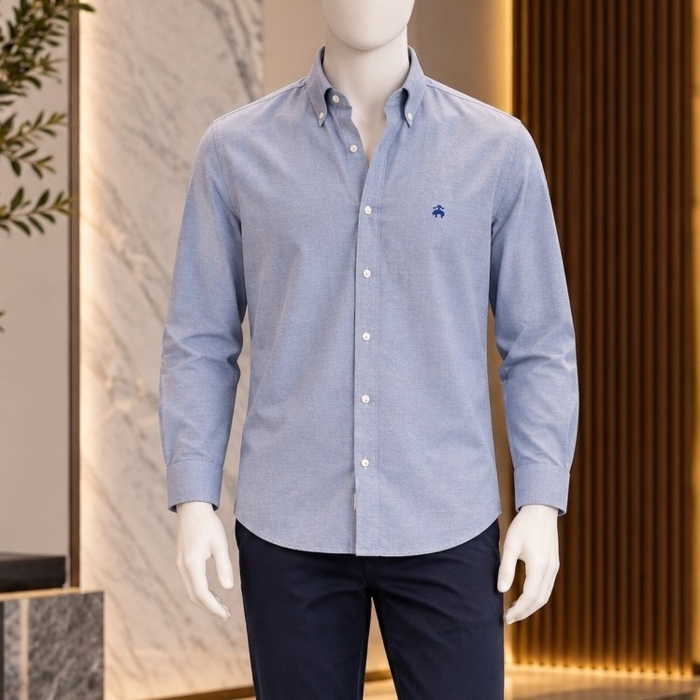 Brooks Brothers Mens Button Down Shirt Blue Solid Regular Non-Iron Stretch Large